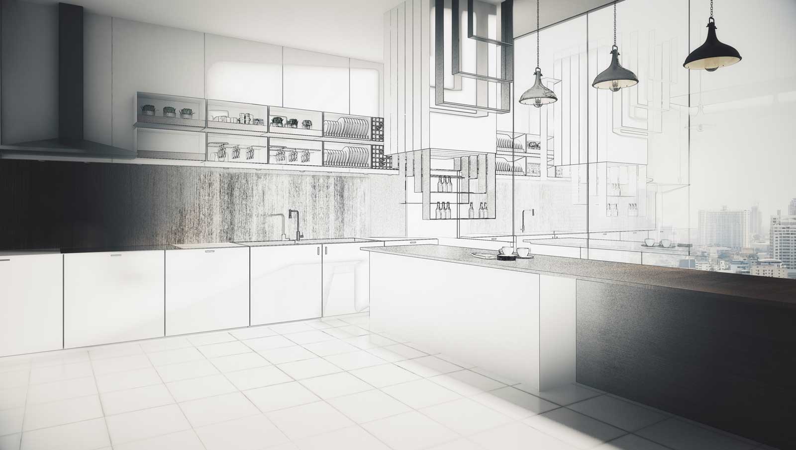 Abstract unfinished kitchen interior drawing. Engineering and project concept.